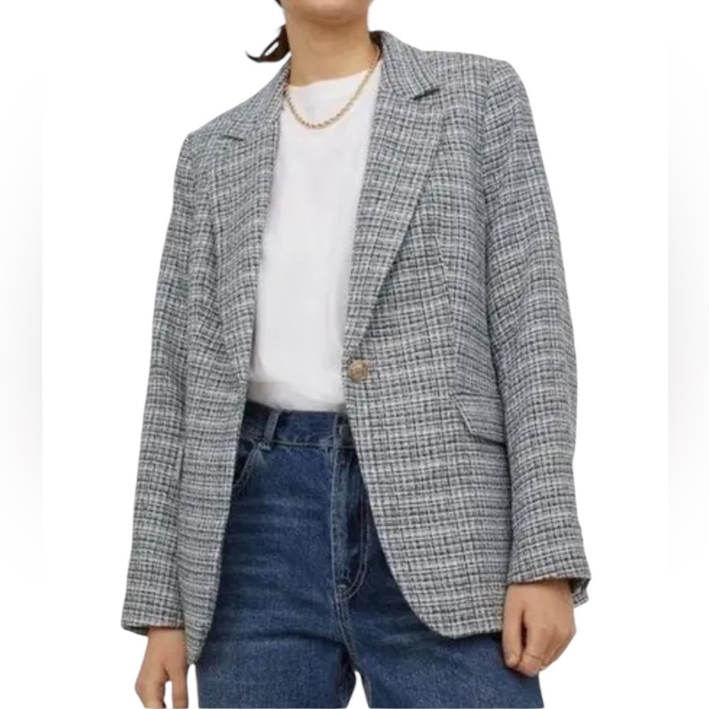 H&M Boucle Single Breasted Plaid Blazer